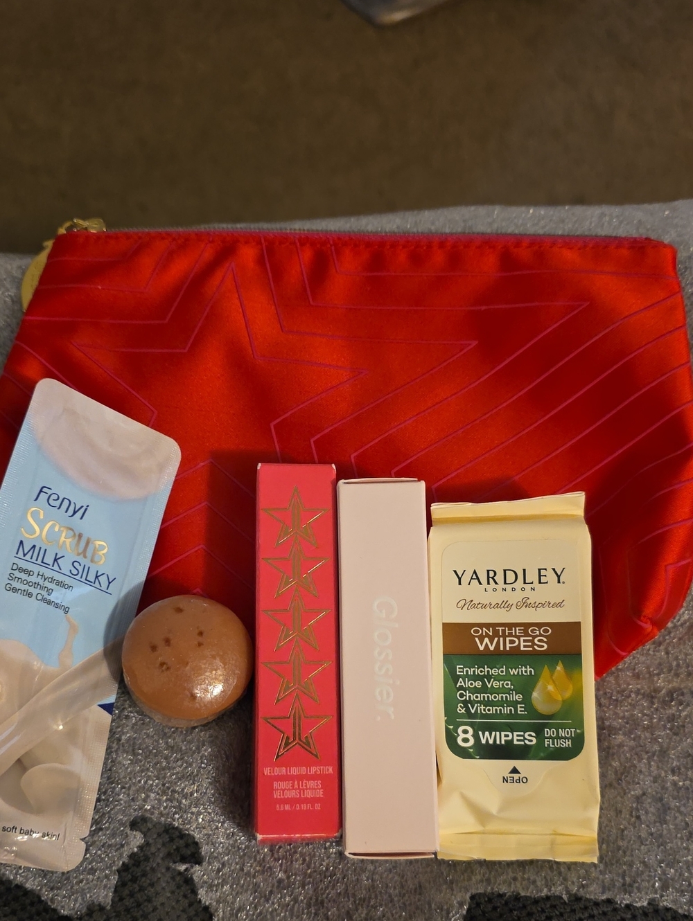 Estee Lauder Red Satin Cosmetic Pouch With Cosmectics